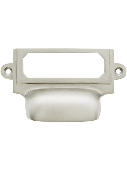 3 5/8 inch Cast Brass Label Holder and Bin Pull in Satin Nickel.